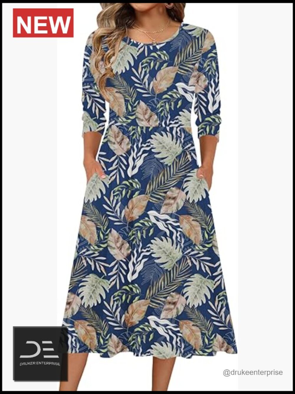 Flowy A-Line Midi Tshirt Dress with Pockets 3/4 Sleeve Crewneck